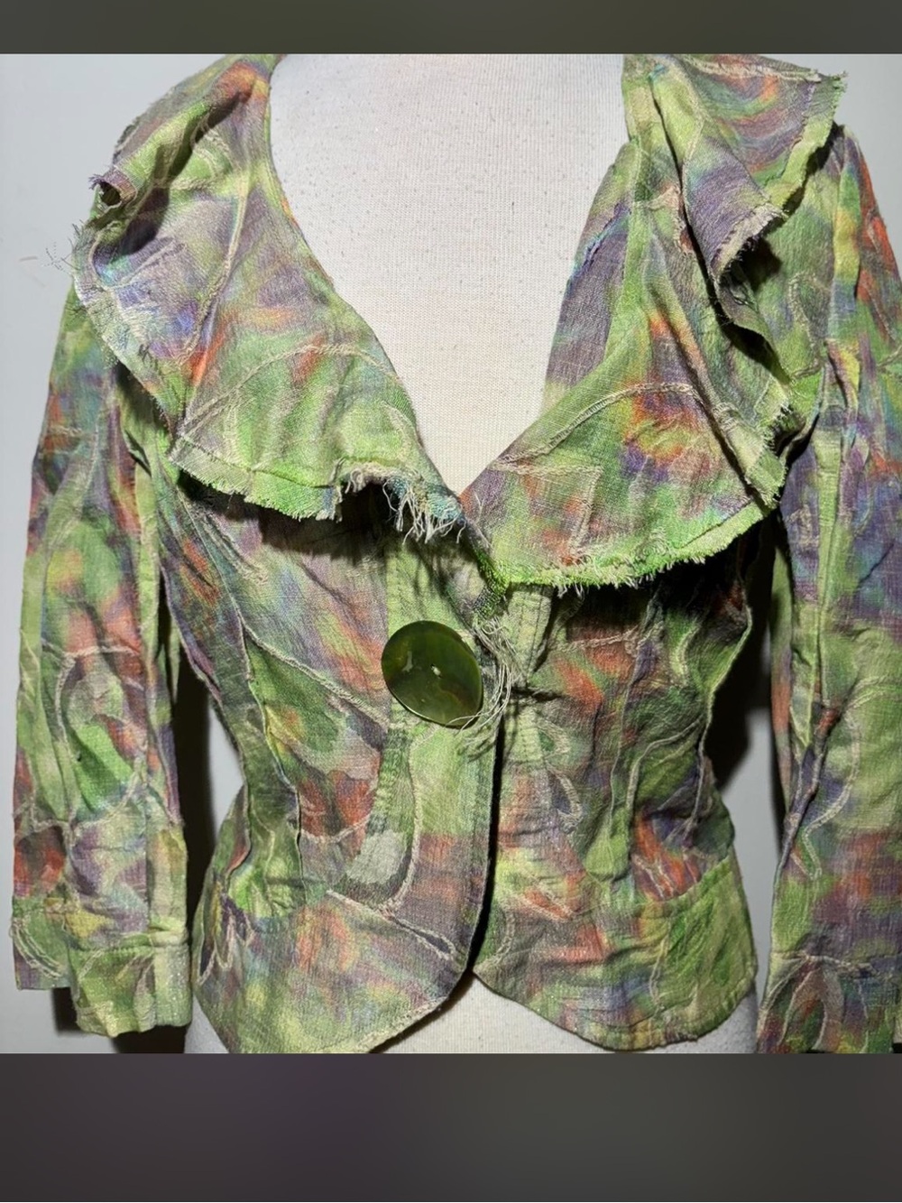Lightweight Green Multi-Color Ruffle cropped Collar Jacket